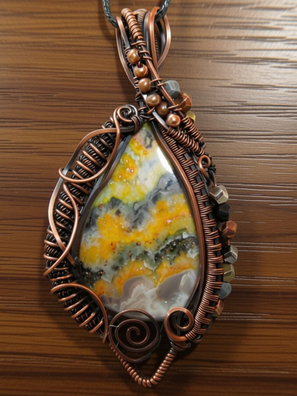 Bumblebee Jasper Wire Wrapped Crystal Oxidized Copper Wire Handmade Necklace